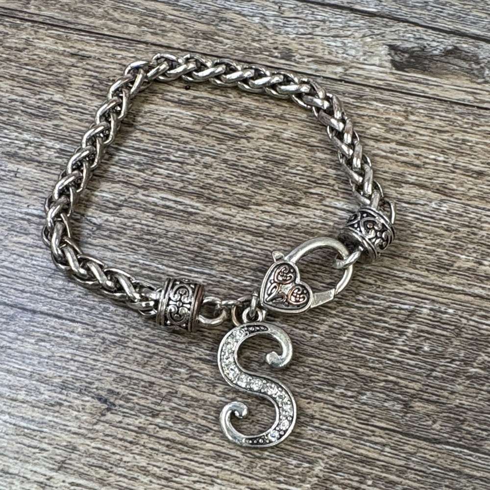 Silver Tone “S” Initial Charm Bracelet – Crystal Accent – 7.5–8”